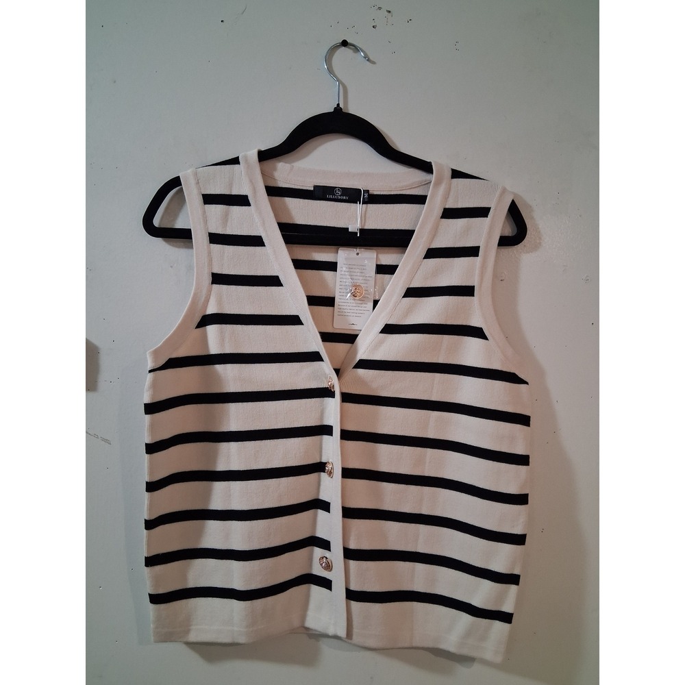 Lillusory Womens Cream Black Striped V-Neck Button Front Knit Sweater Vest M NEW